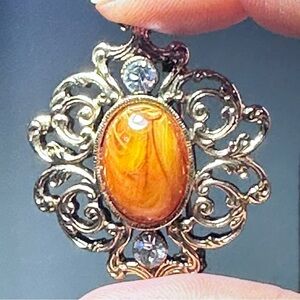 Ornate Amber Stone Filigree Gold Tone Brooch with crystal accents 1375 R